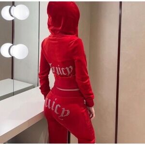 Juicy Couture Red Velour Tracksuit Set Rhinestone Logo Hoodie Pants size xl